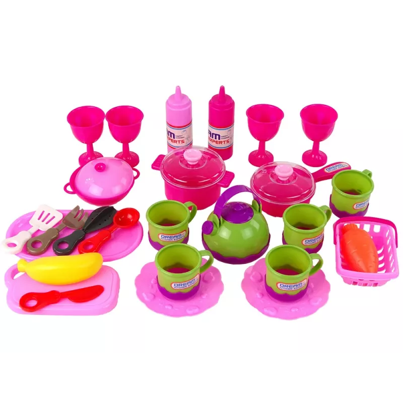 LEAN TOYS Set de cocina 31 piezas con bolsa vajilla platos niños