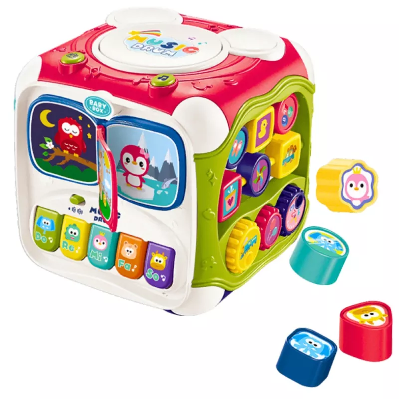 LEAN TOYS Cubo de aprendizaje multifuncional grande con piano, encajador y tambor – Juguete de actividad interactivo de 6 caras con luces, sonidos, laberinto de cuentas y encajador de formas