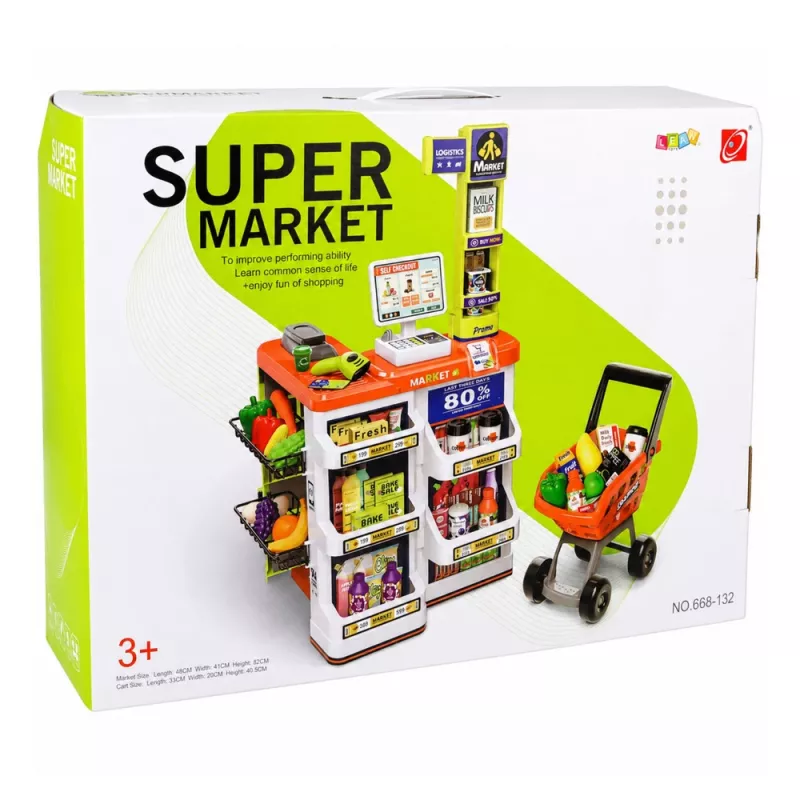 LEAN TOYS gran set de caja registradora de supermercado - 60 piezas con luz, sonido y accesorios, juguete de rol para niños a partir de 3 años