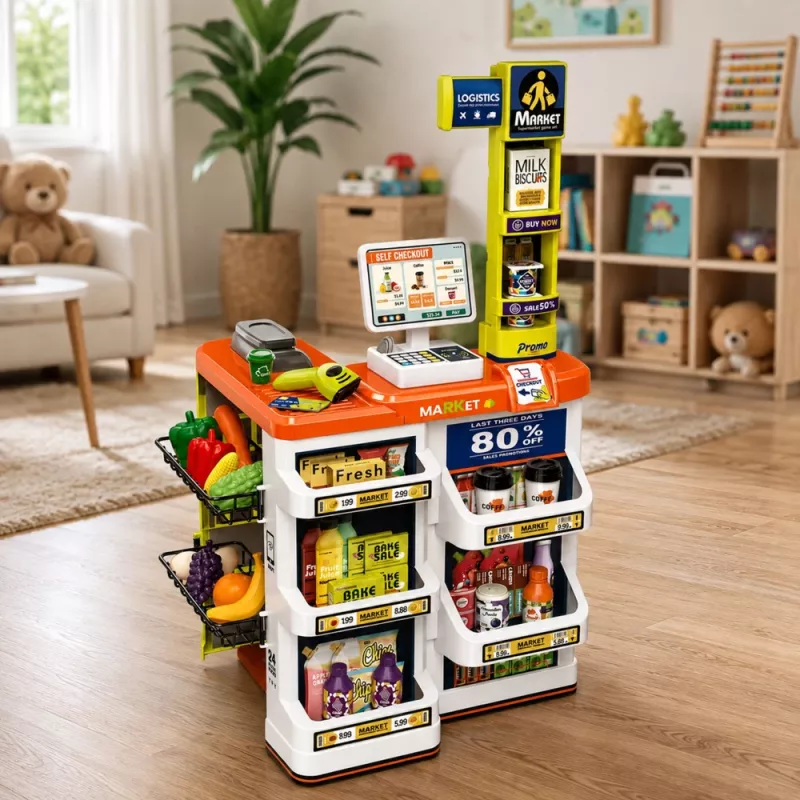 LEAN TOYS gran set de caja registradora de supermercado - 60 piezas con luz, sonido y accesorios, juguete de rol para niños a partir de 3 años