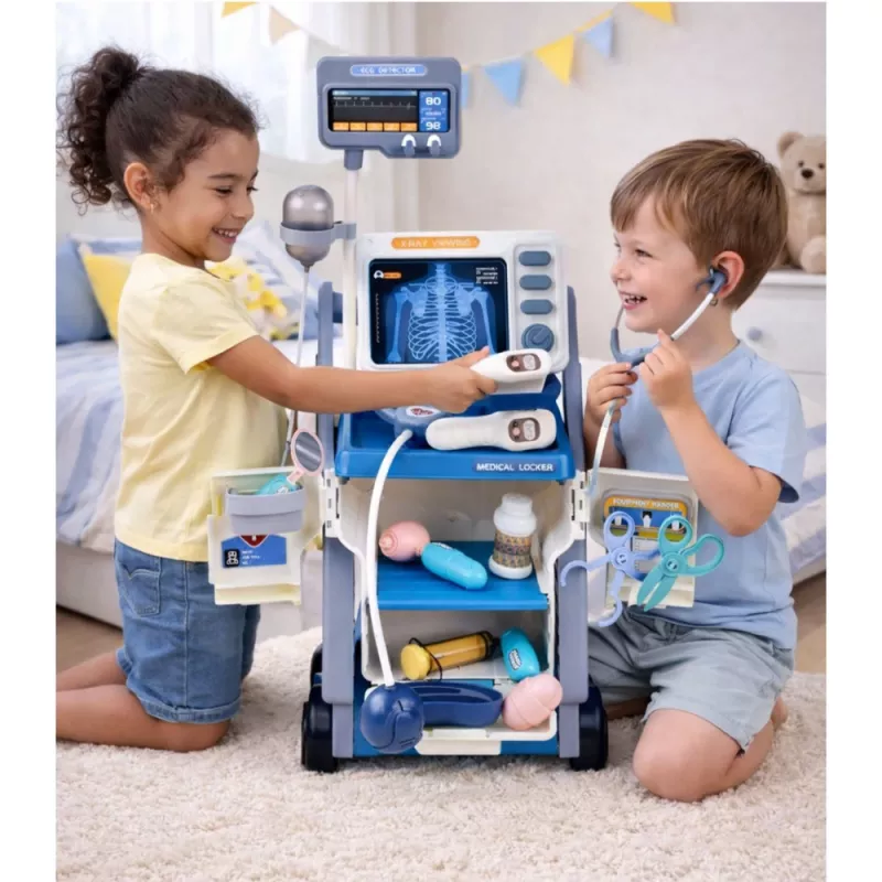 LEAN TOYS Little Doctor's Set Carrito Médico Rayos X ECG Luces Azul 16 uds