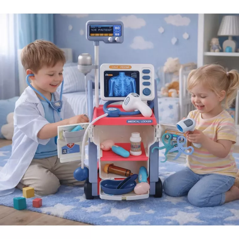 LEAN TOYS Pequeño set de médico carrito médico rayos X ECG luces rosa 16 uds.