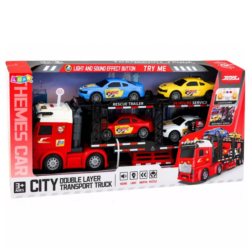 Camión grúa Lora LEAN TOYS con 4 coches, luces y sonidos – camión portacoches de fricción con remolque desmontable
