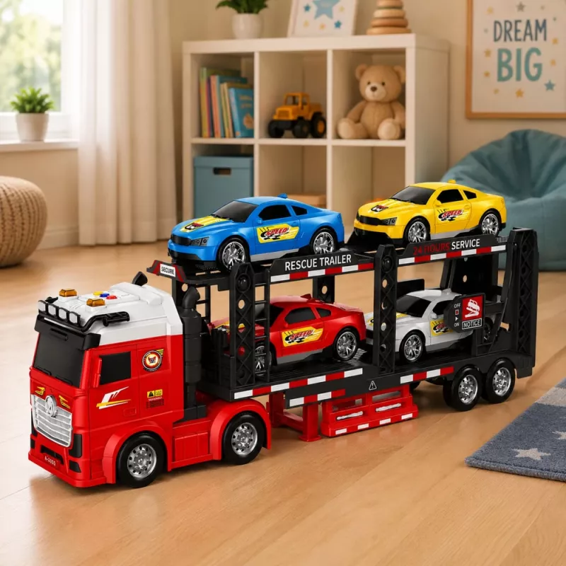Camión grúa Lora LEAN TOYS con 4 coches, luces y sonidos – camión portacoches de fricción con remolque desmontable