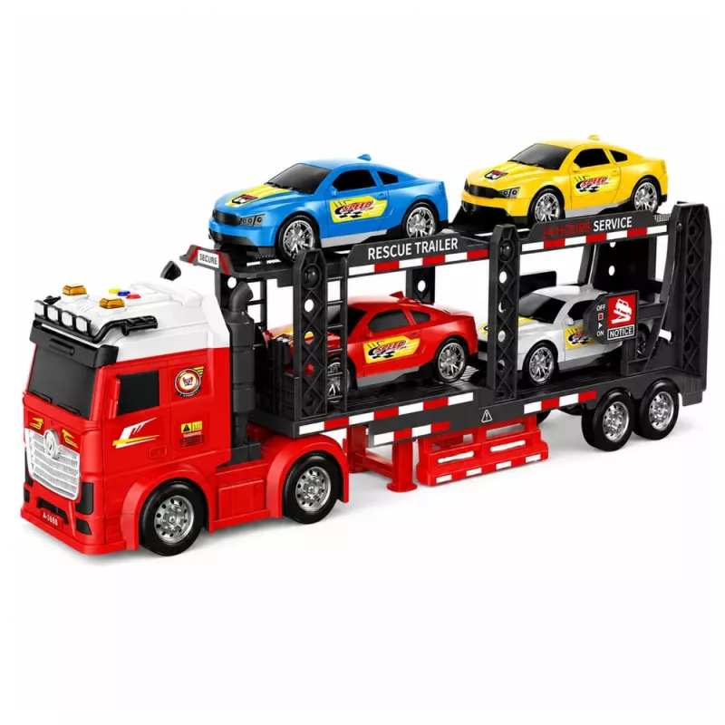 Camión grúa Lora LEAN TOYS con 4 coches, luces y sonidos – camión portacoches de fricción con remolque desmontable