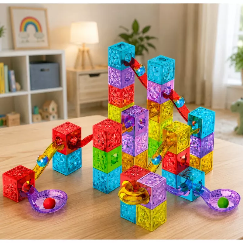 LEAN TOYS Bloques magnéticos 60 piezas - Colorido set de construcción de cubos y pista de bolas