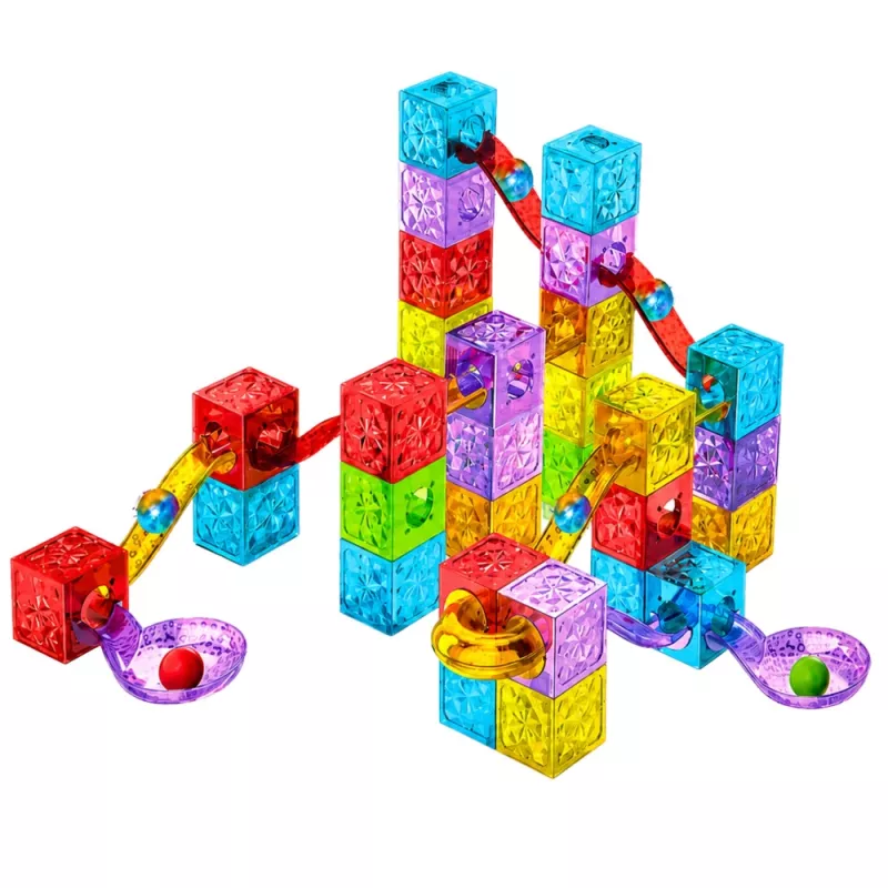 LEAN TOYS Bloques magnéticos 60 piezas - Colorido set de construcción de cubos y pista de bolas