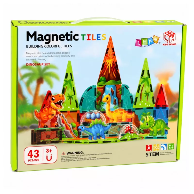 LEAN TOYS bloques de construcción magnéticos set dinosaurio volcán - 43 piezas juguete educativo STEM para niños a partir de 3 años