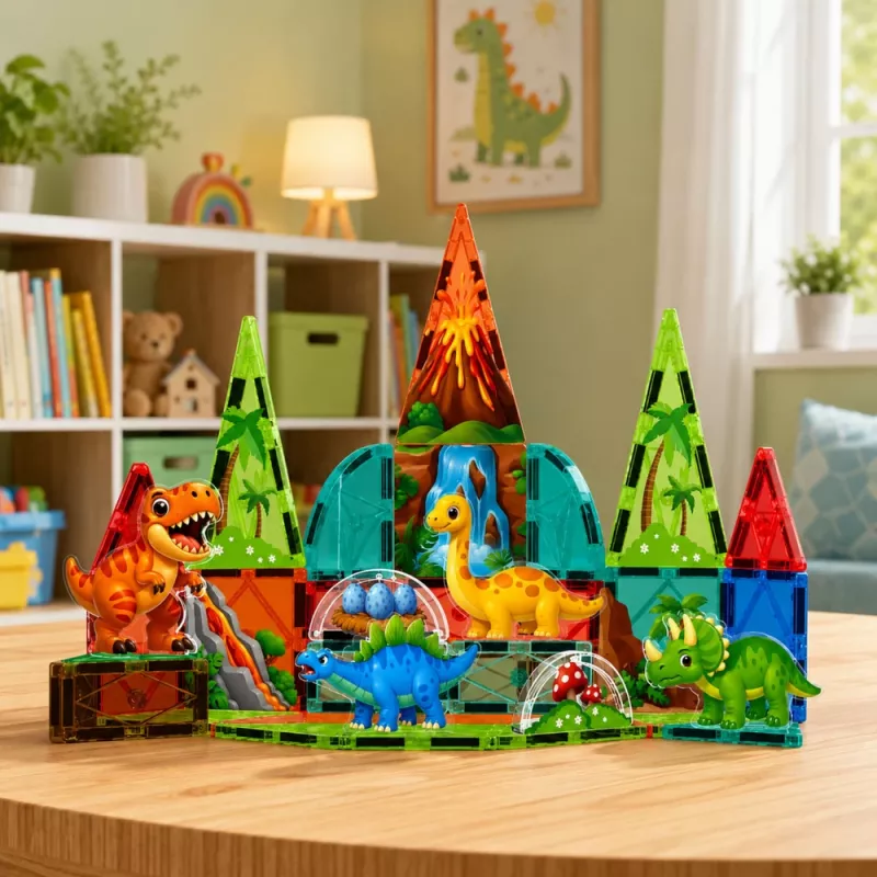 LEAN TOYS bloques de construcción magnéticos set dinosaurio volcán - 43 piezas juguete educativo STEM para niños a partir de 3 años