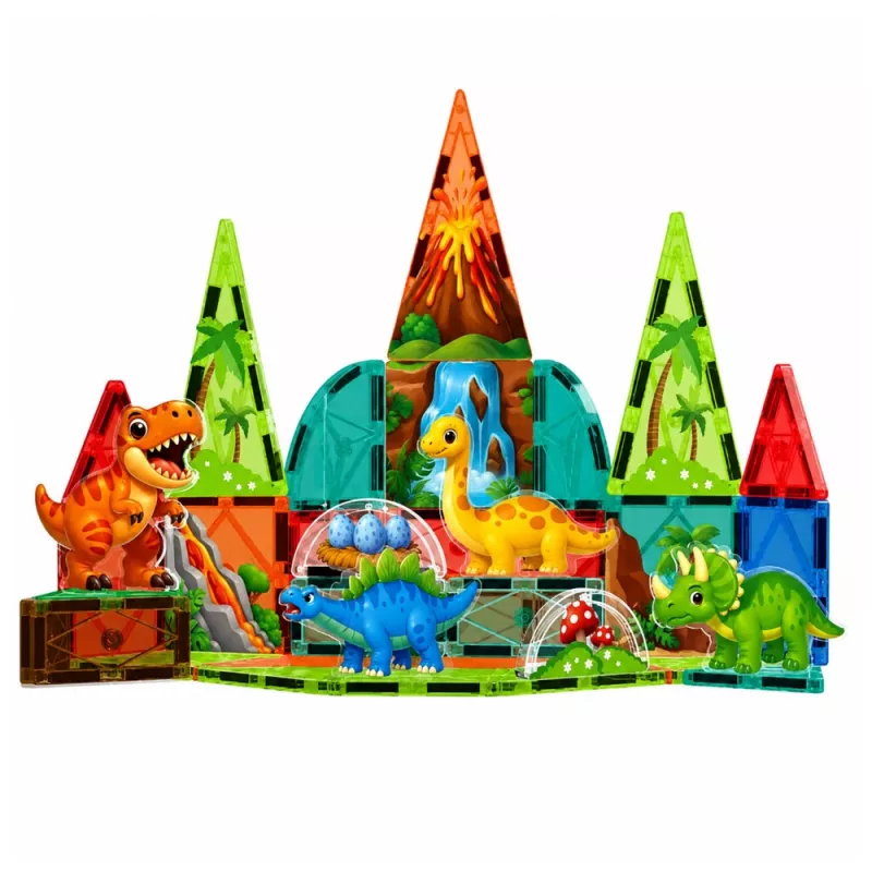 LEAN TOYS bloques de construcción magnéticos set dinosaurio volcán - 43 piezas juguete educativo STEM para niños a partir de 3 años