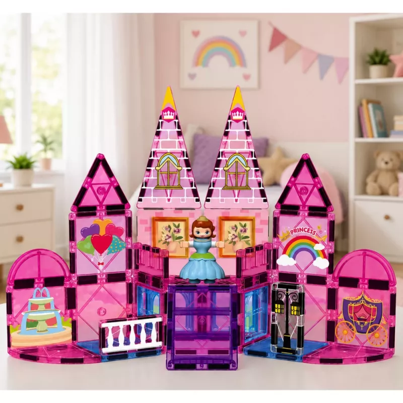 LEAN TOYS Bloques de construcción magnéticos Castillo de princesa rosa 38 piezas