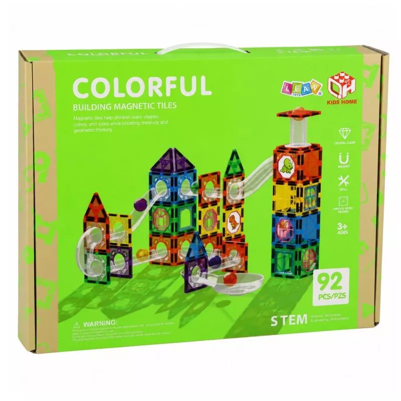 LEAN TOYS Bloques de construcción magnéticos set de vías con bolas STEM y dinosaurios - 92 piezas