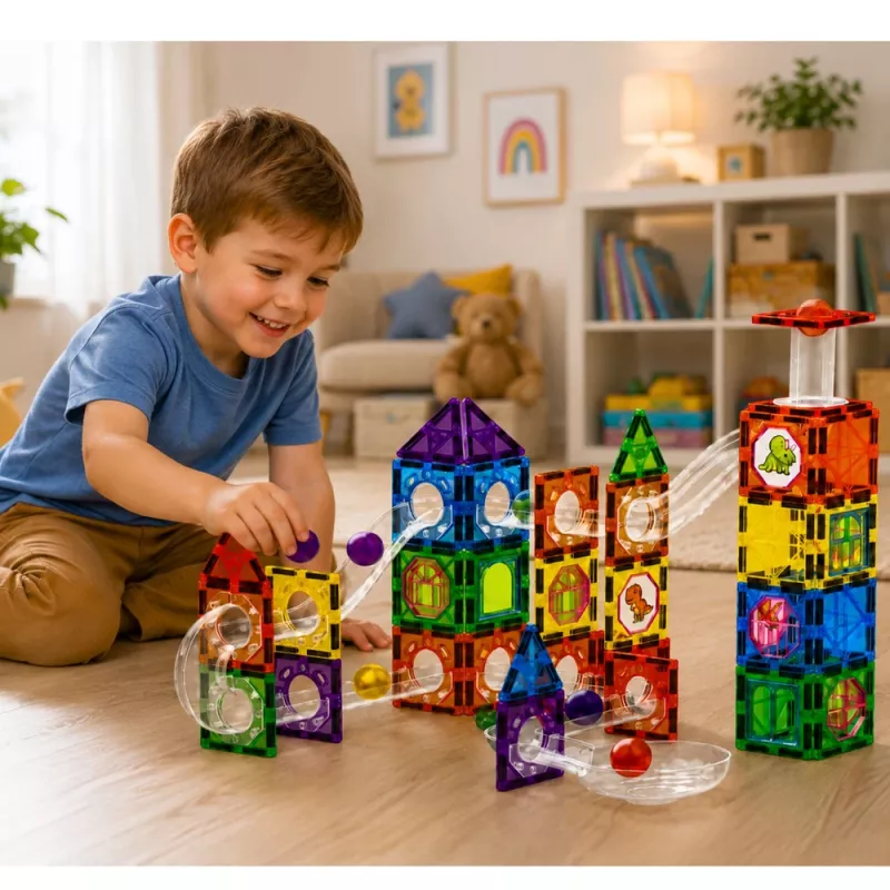 LEAN TOYS Bloques de construcción magnéticos set de vías con bolas STEM y dinosaurios - 92 piezas