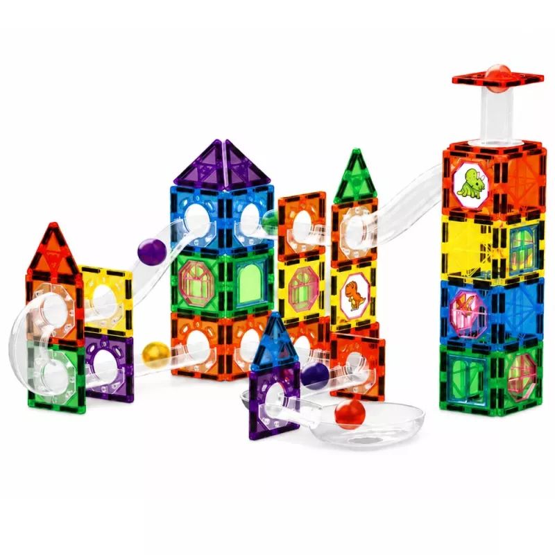 LEAN TOYS Bloques de construcción magnéticos set de vías con bolas STEM y dinosaurios - 92 piezas