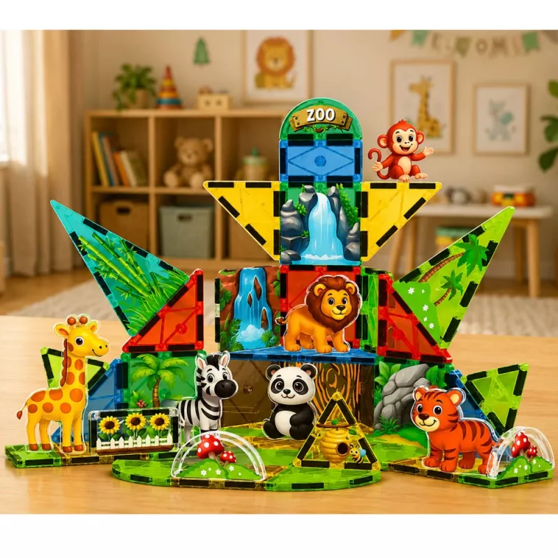 LEAN TOYS Bloques de construcción magnéticos Animales salvajes jungla ZOO 52 piezas