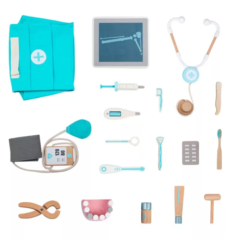 LEAN TOYS Set médico pequeño doctor dentista botiquín de madera delantal 20 uds.