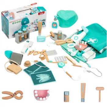 LEAN TOYS Set médico pequeño doctor dentista botiquín de madera delantal 20 uds.