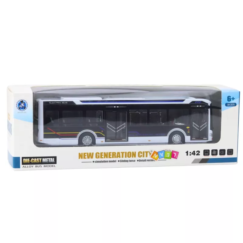 Autobús urbano de metal LEAN TOYS blanco 1:43 modelo de fundición con motor de retroceso y puertas que se abren