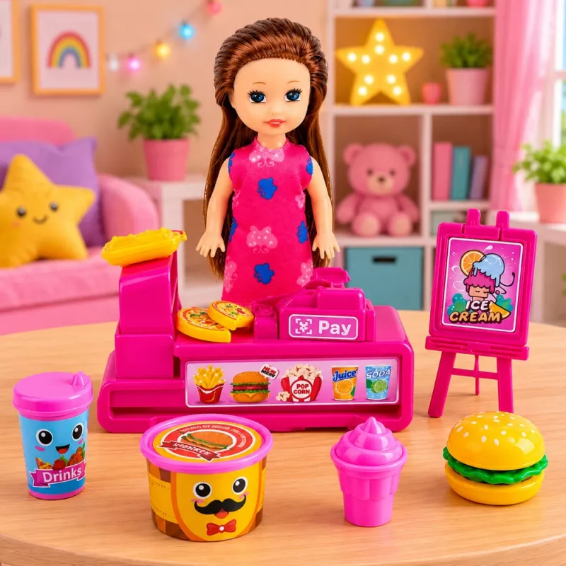 LEAN TOYS Set de muñecas mini con caja registradora, vendedora, hamburguesa, accesorios de helado