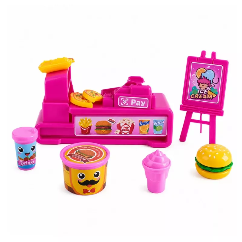 LEAN TOYS Set de muñecas mini con caja registradora, vendedora, hamburguesa, accesorios de helado
