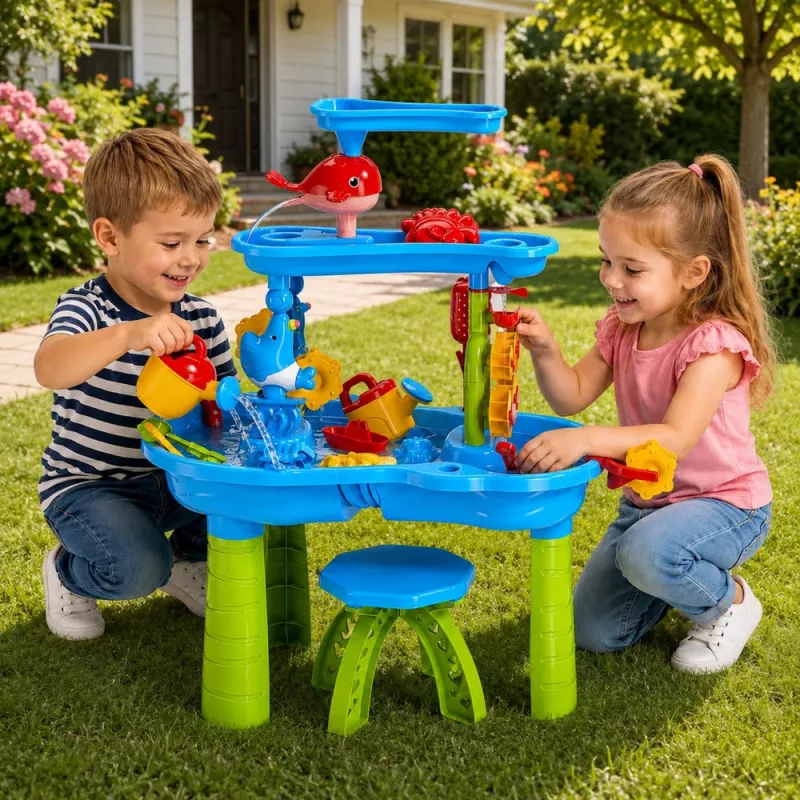 LEAN TOYS Mesa de agua de juego multinivel con silla, accesorios y moldes, 63 cm