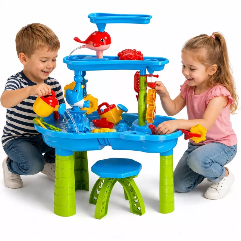LEAN TOYS Mesa de agua de juego multinivel con silla, accesorios y moldes, 63 cm