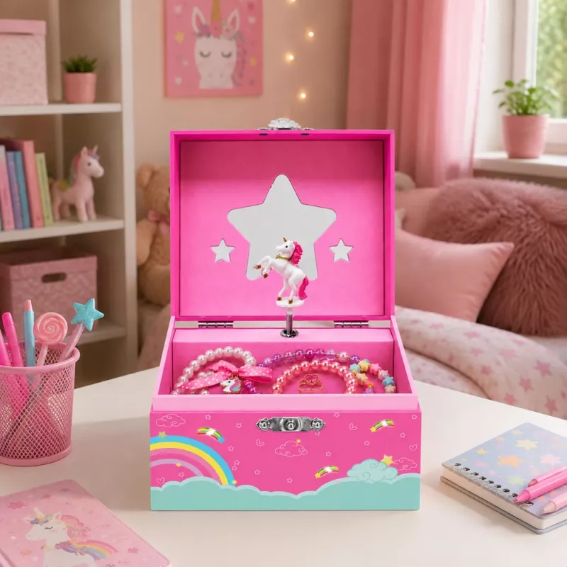 LEAN TOYS Caja de música Joyero unicornio giratorio rosa
