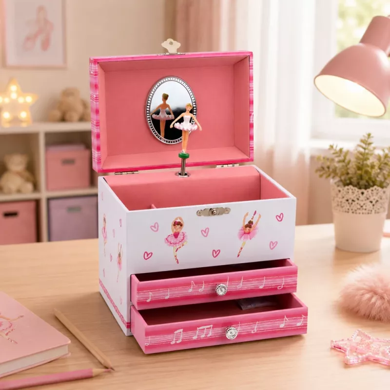 LEAN TOYS Joyero musical con bailarina, caja de música, espejo y cajones - Rosa diseño clásico