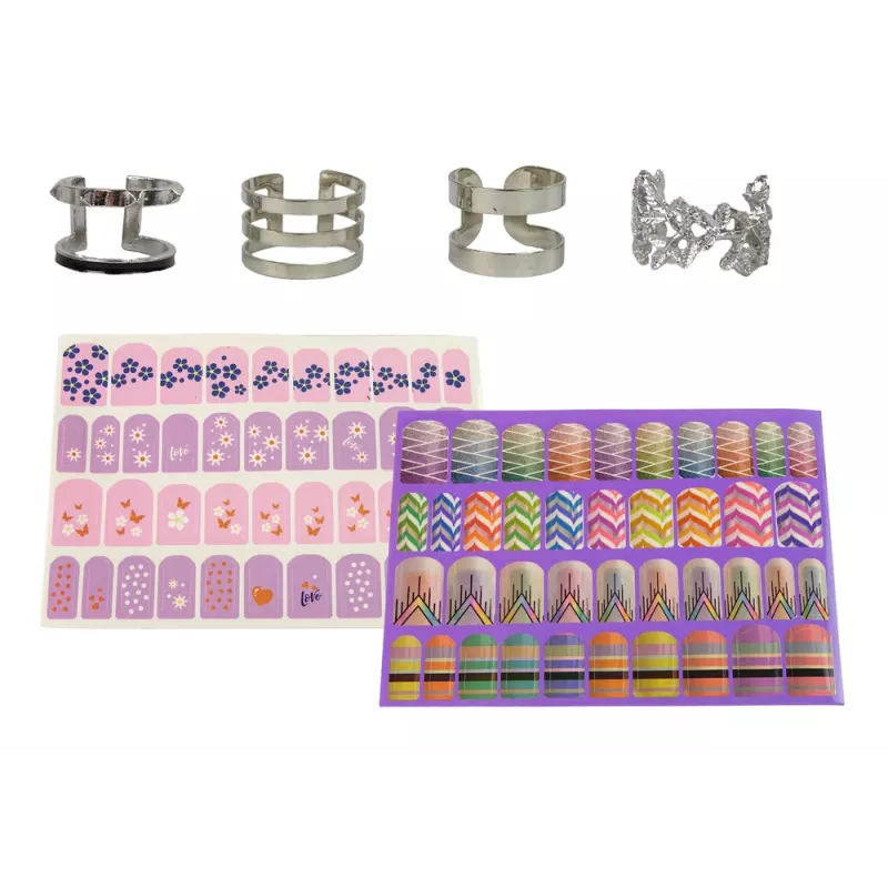LEAN TOYS Set de esmaltes de uñas con esmaltes, purpurina, pegatinas y anillos