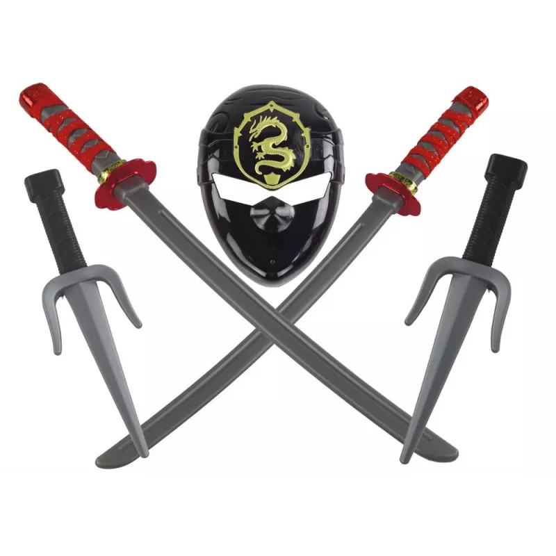 LEAN TOYS set Ninja Warrior con máscara, espada, dagas, shuriken, arco y flechas – decoraciones rojas (10 piezas)