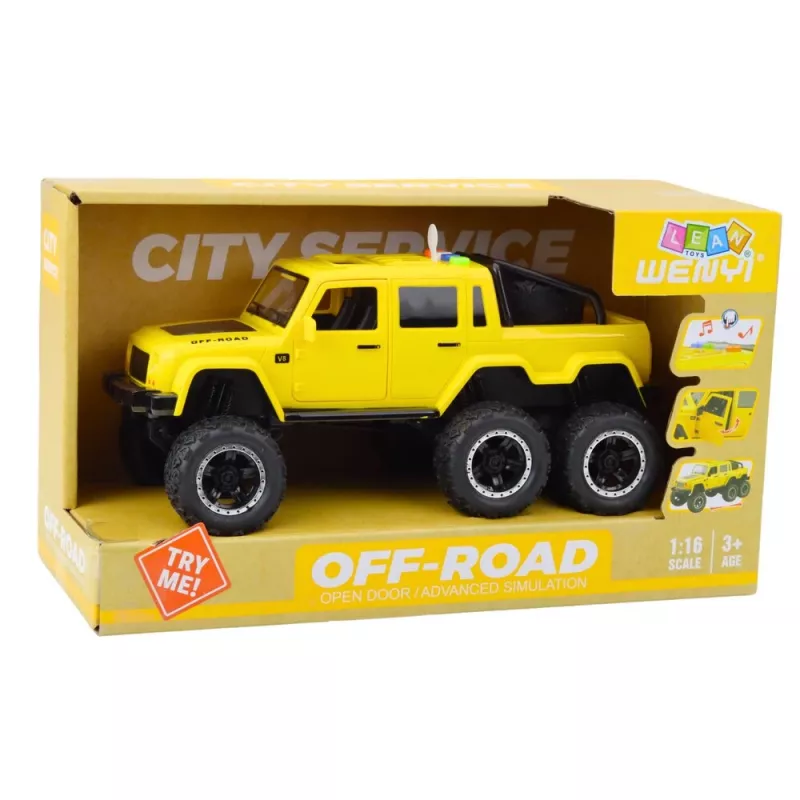 LEAN TOYS Coche offroad con propulsión por fricción, luces y sonidos, Amarillo, 6x6, 1:16
