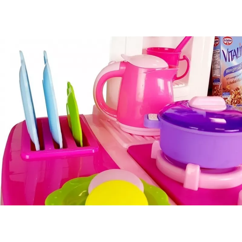 LEAN TOYS Cocina rosa con ollas de agua, alimentos y sonido