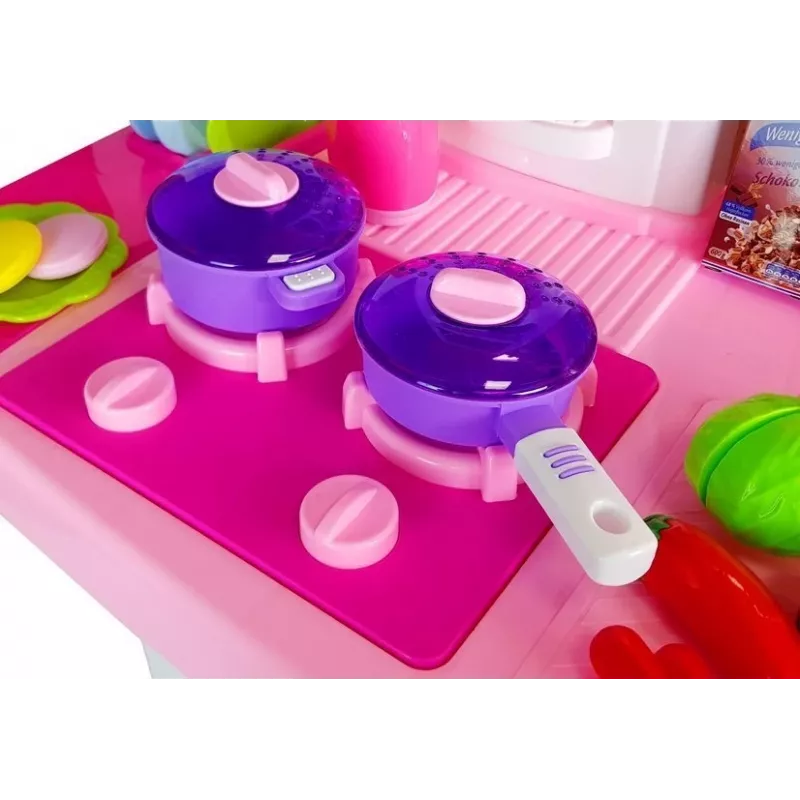 LEAN TOYS Cocina rosa con ollas de agua, alimentos y sonido