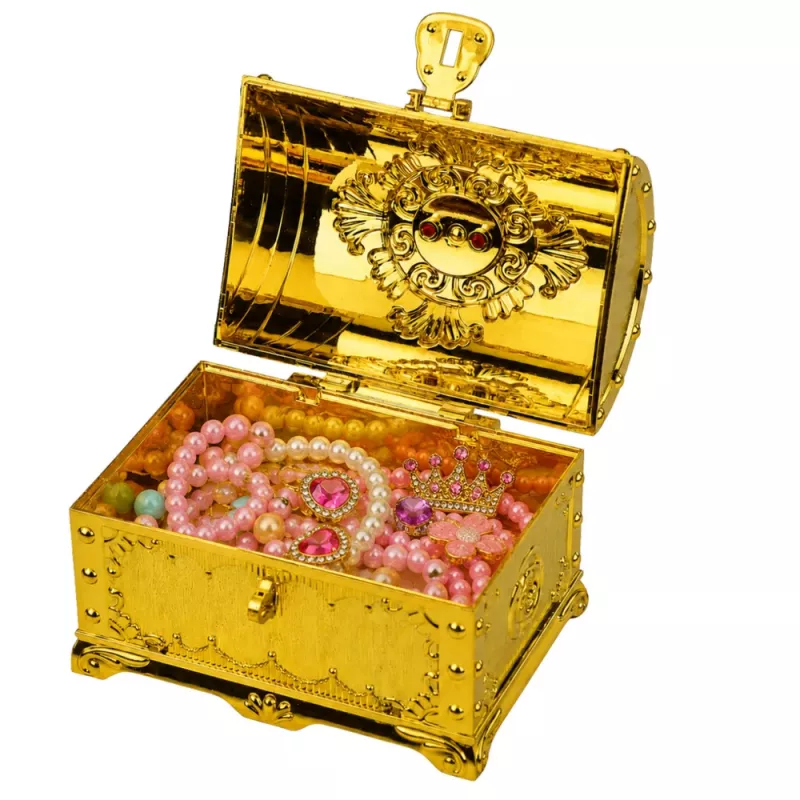 LEAN TOYS Cofre del tesoro de plástico para niños con candado y 2 llaves, decorado en dorado