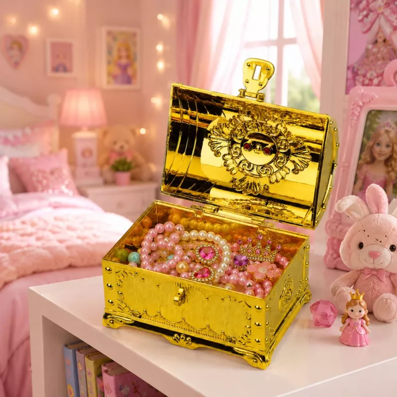 LEAN TOYS Cofre del tesoro de plástico para niños con candado y 2 llaves, decorado en dorado