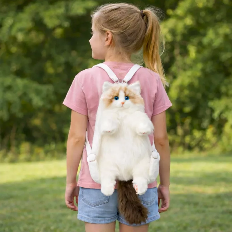 LEAN TOYS Mochila de peluche gato mascota con tirantes ajustables y patas de silicona blanca 50cm