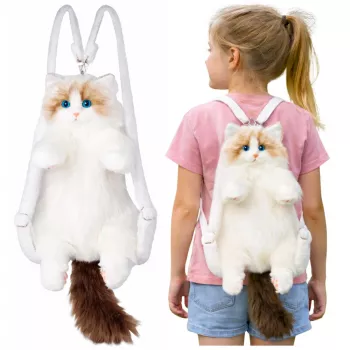 LEAN TOYS Mochila de peluche gato mascota con tirantes ajustables y patas de silicona blanca 50cm