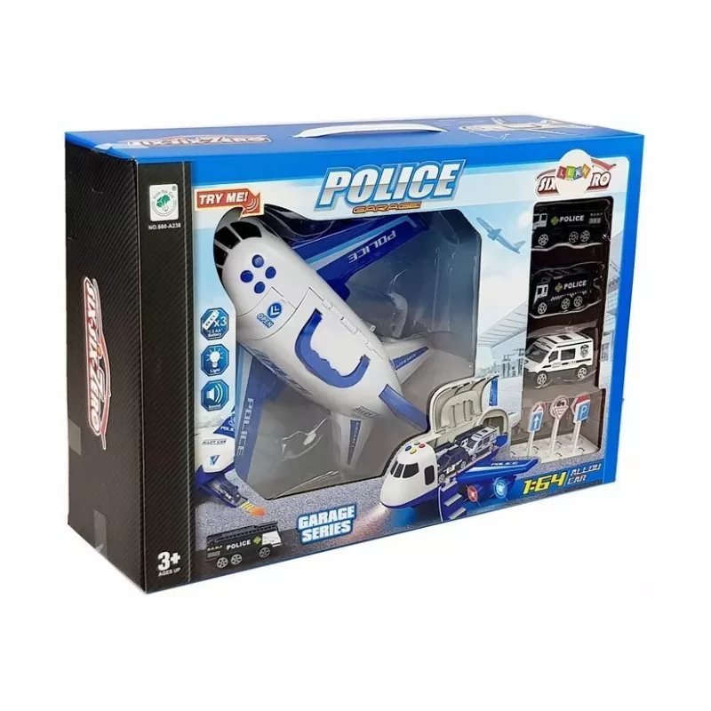 LEAN TOYS Avión plegable de policía con coches 1:64 con luz y sonido