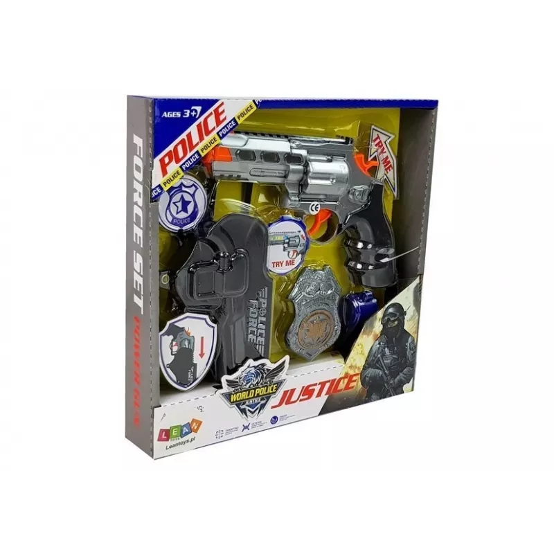 LEAN TOYS Set de policía revólver 20cm placa funda silbato efectos de sonido y luz