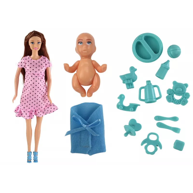 LEAN TOYS Muñeca bebé mamá embarazada con vestido rosa y accesorios