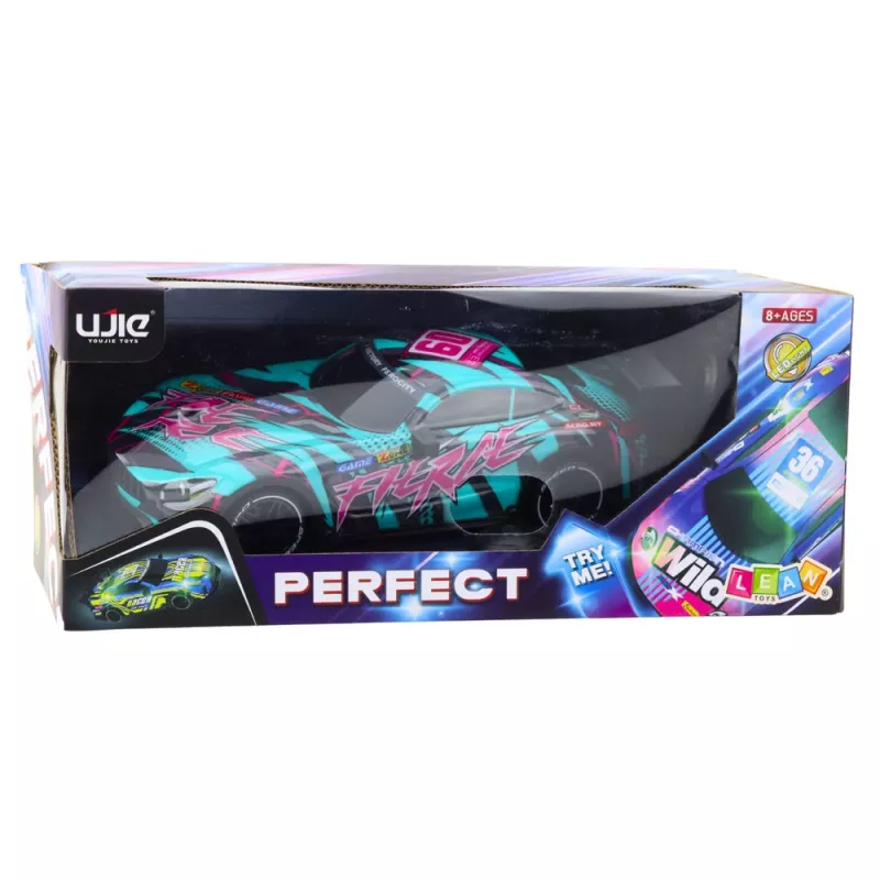 LEAN TOYS Coche de carreras RC con carrocería turquesa iluminada, escala 1:16, mando a distancia 2,4 GHz