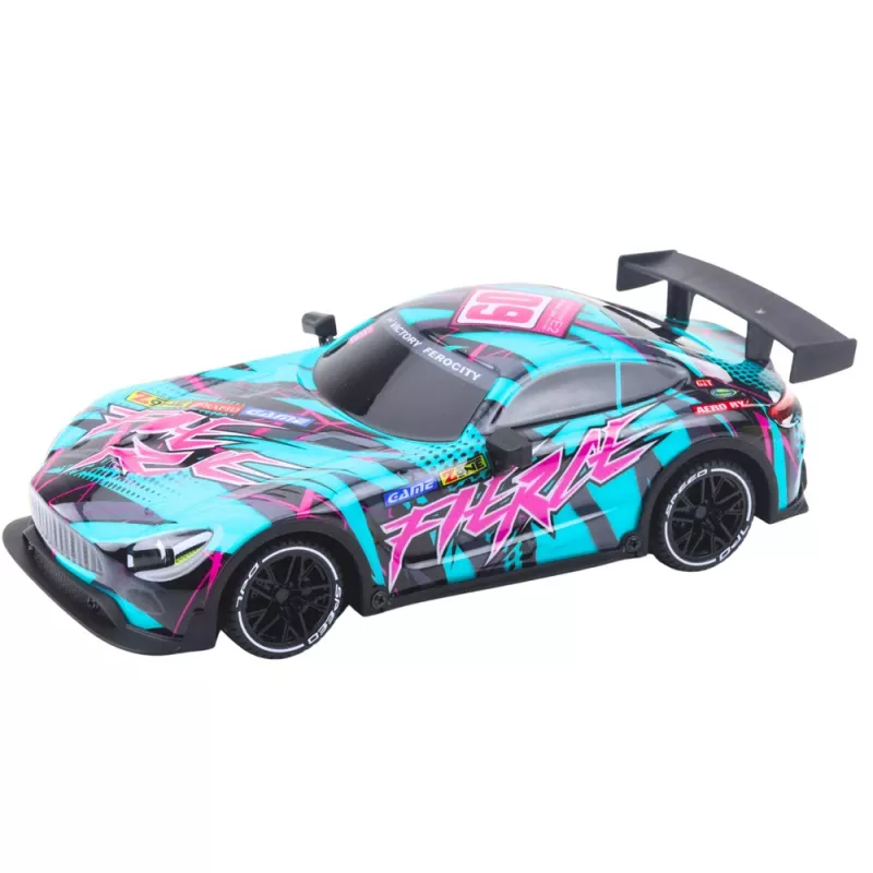 LEAN TOYS Coche de carreras RC con carrocería turquesa iluminada, escala 1:16, mando a distancia 2,4 GHz