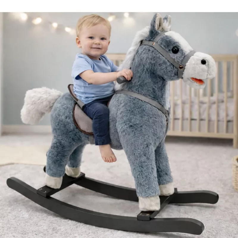 LEAN TOYS Caballo balancín con silla, reposapiés, sonidos, gris, 74 cm