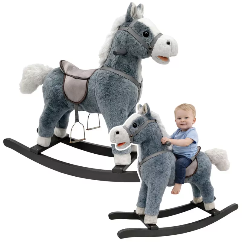 LEAN TOYS Caballo balancín con silla, reposapiés, sonidos, gris, 74 cm
