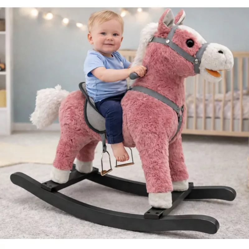 LEAN TOYS Caballo balancín con silla, reposapiés, sonidos, rosa, 74 cm