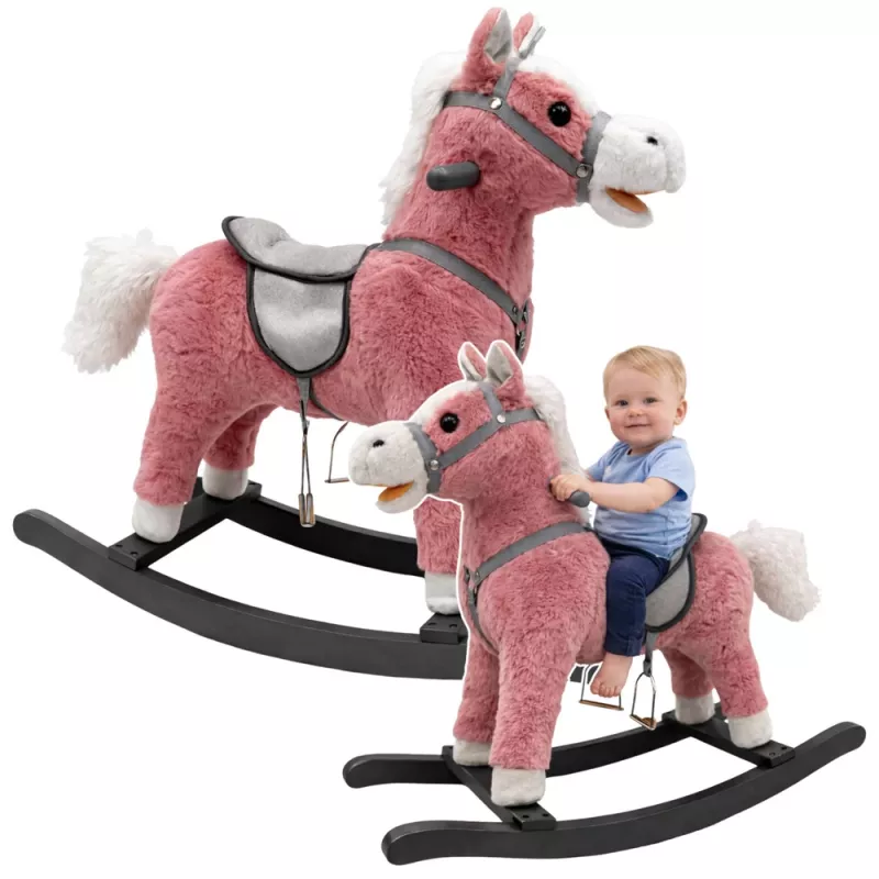 LEAN TOYS Caballo balancín con silla, reposapiés, sonidos, rosa, 74 cm
