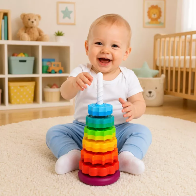 LEAN TOYS Torre piramidal giratoria clasificador rompecabezas arcoíris 36 cm 6 piezas