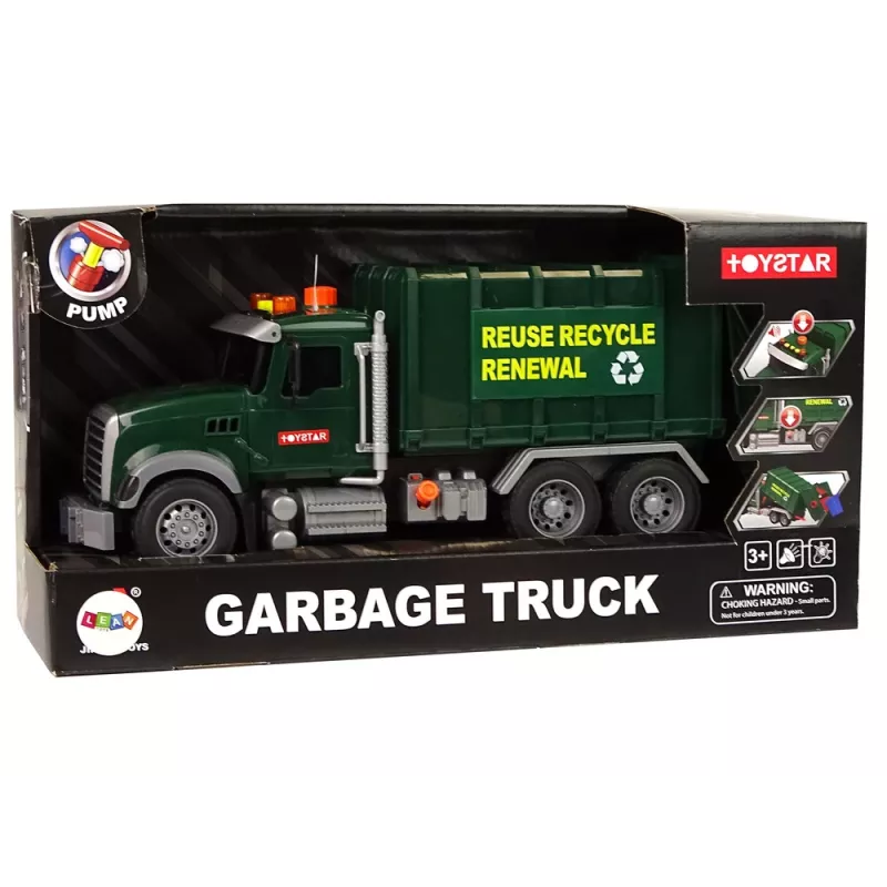 LEAN TOYS Camión de basura con contenedores verde oscuro con sonidos y luz