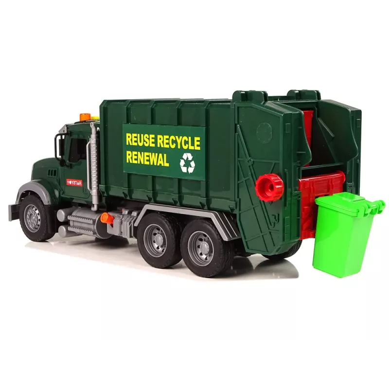 LEAN TOYS Camión de basura con contenedores verde oscuro con sonidos y luz