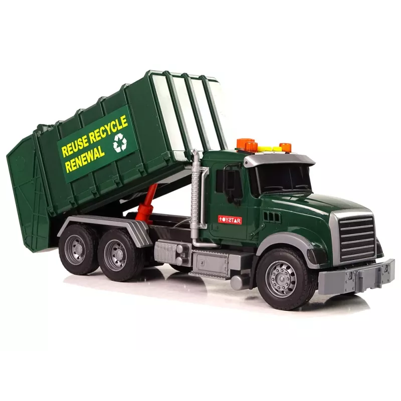 LEAN TOYS Camión de basura con contenedores verde oscuro con sonidos y luz